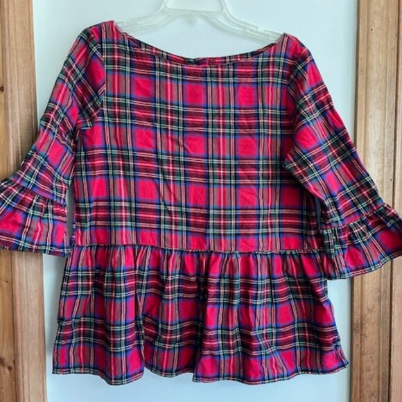 HALEY AND THE HOUND Red Plaid Flannel Peplum Ruffle Top with Gold Back Buttons M - Picture 6 of 15